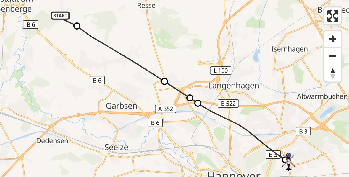 Flugroute Polizeihubschrauber Neustadt am Rübenberge - Hannover Luftrettung Hubschrauberlandeplatz (Christoph 4), 04 August 2026, 10:21