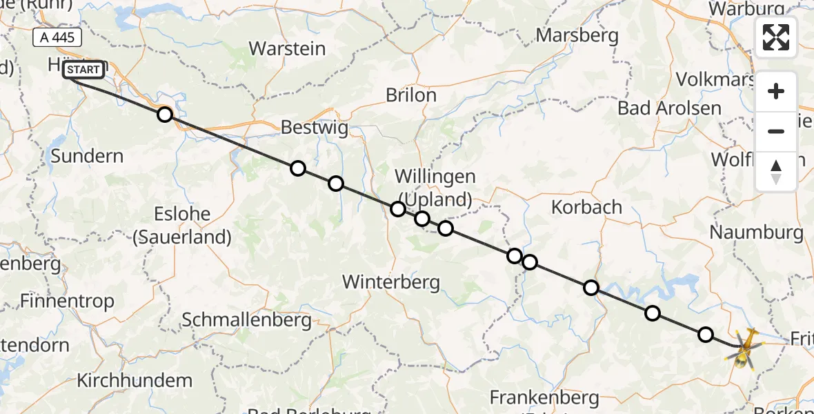 Flugroute Ambulanzhubschrauber Arnsberg - Bad Wildungen, 04 August 2026, 10:25