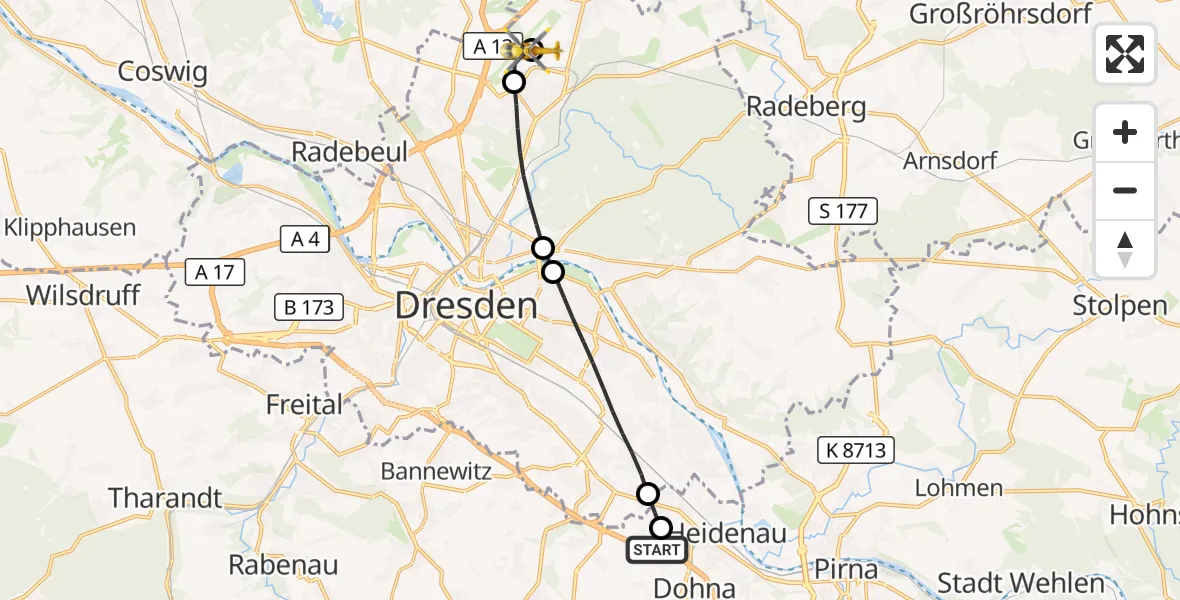 Flugroute Rettungshubschrauber Dohna - Dresden Bundespolizei Hubschrauberlandeplatz, 04 August 2026, 10:25