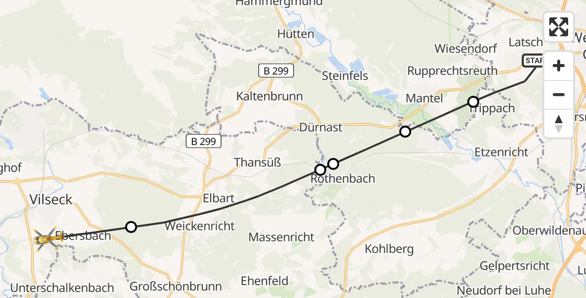 Flugroute Ambulanzhubschrauber Weiden i.d.OPf. - Vilseck, 04 August 2026, 10:29