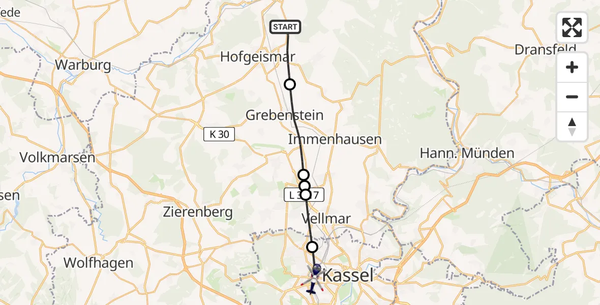 Flugroute Polizeihubschrauber Hofgeismar - Kassel, 04 August 2026, 10:33