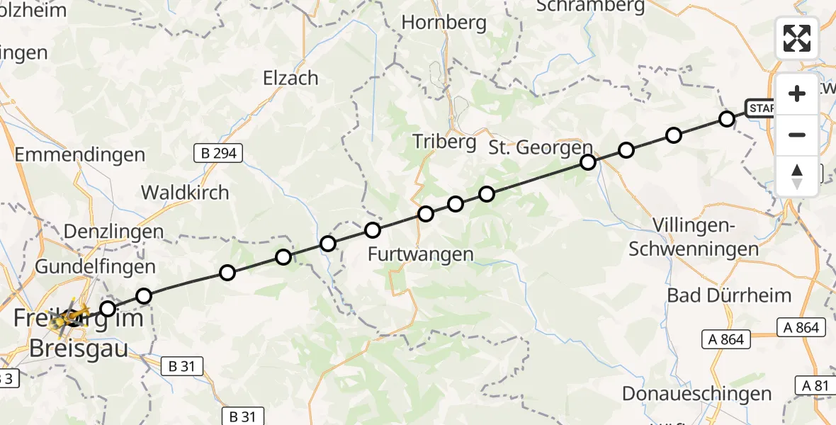 Flugroute Ambulanzhubschrauber Zimmern ob Rottweil - Freiburg University Hospital Heliport 2, 04 August 2026, 10:39