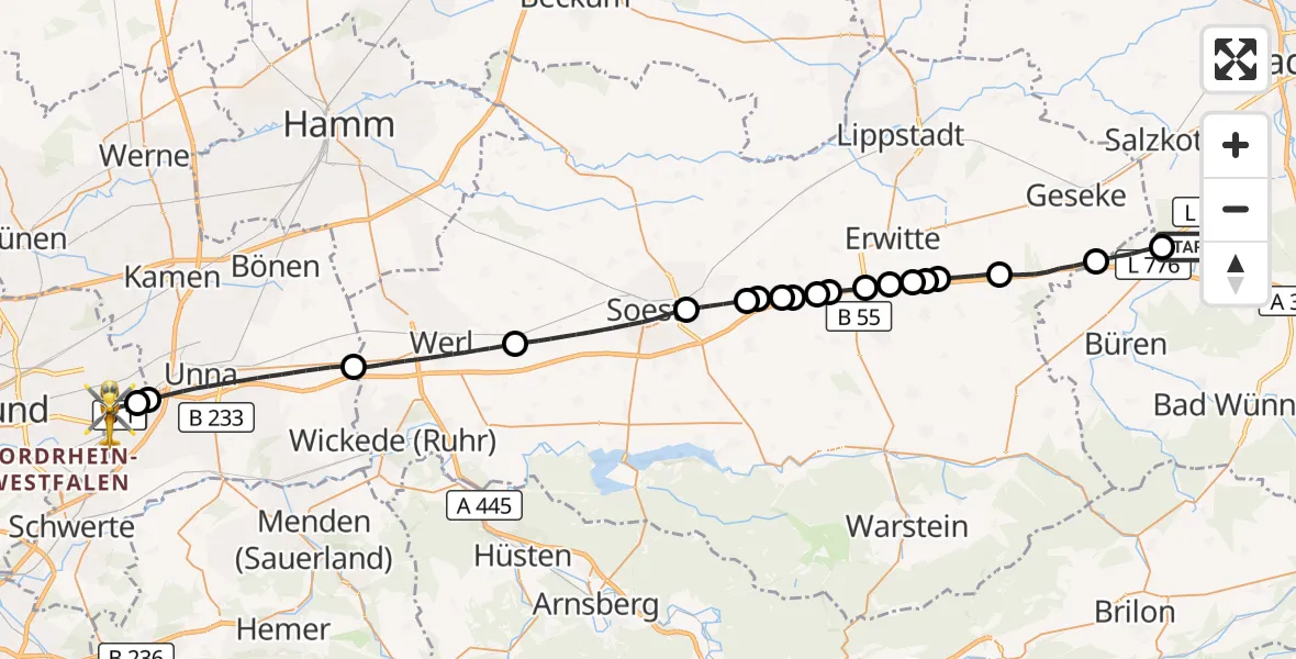 Flugroute Rettungshubschrauber Paderborn Lippstadt Flughafen - Dortmund Flughafen, 04 August 2026, 10:43