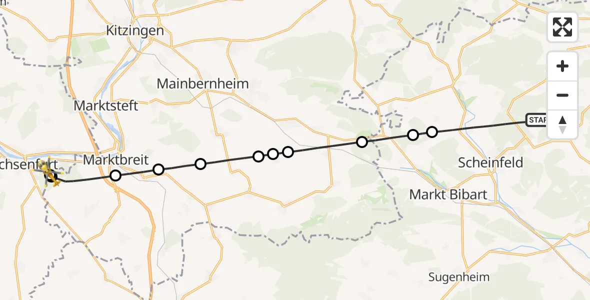 Flugroute Rettungshubschrauber Scheinfeld - Ochsenfurt Hospital, 04 August 2026, 10:48