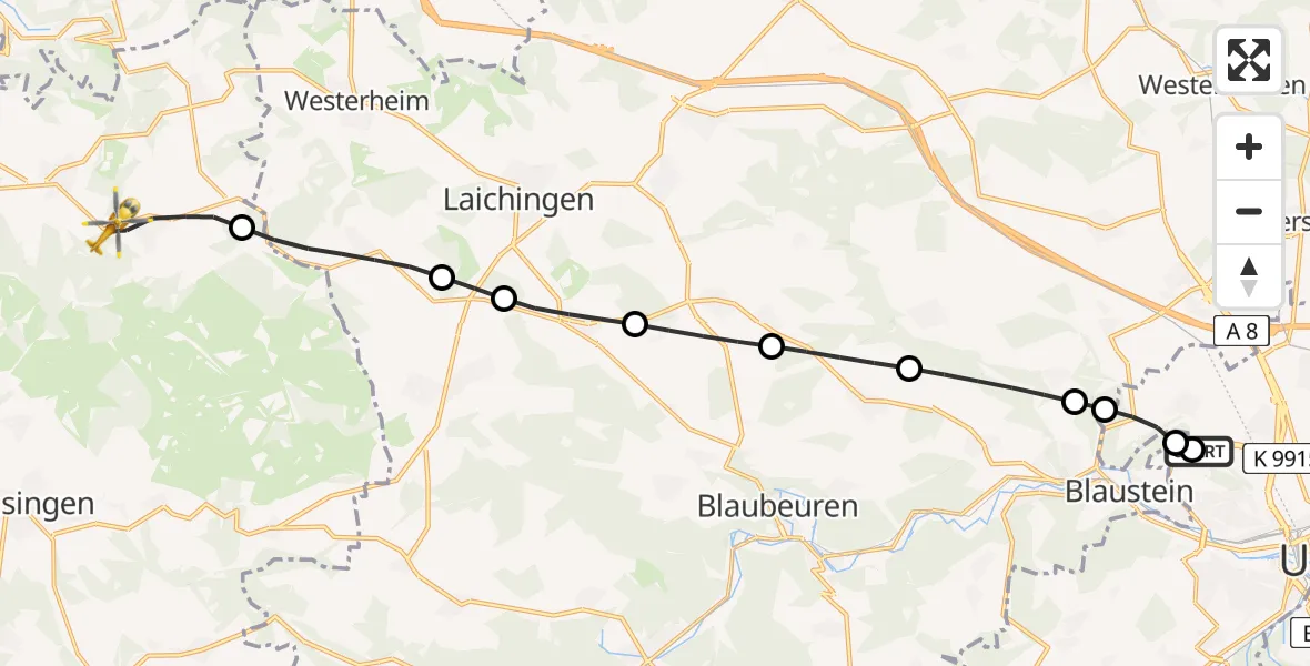Flugroute Rettungshubschrauber Ulm Military Hospital Emergency - Römerstein, 04 August 2026, 10:51