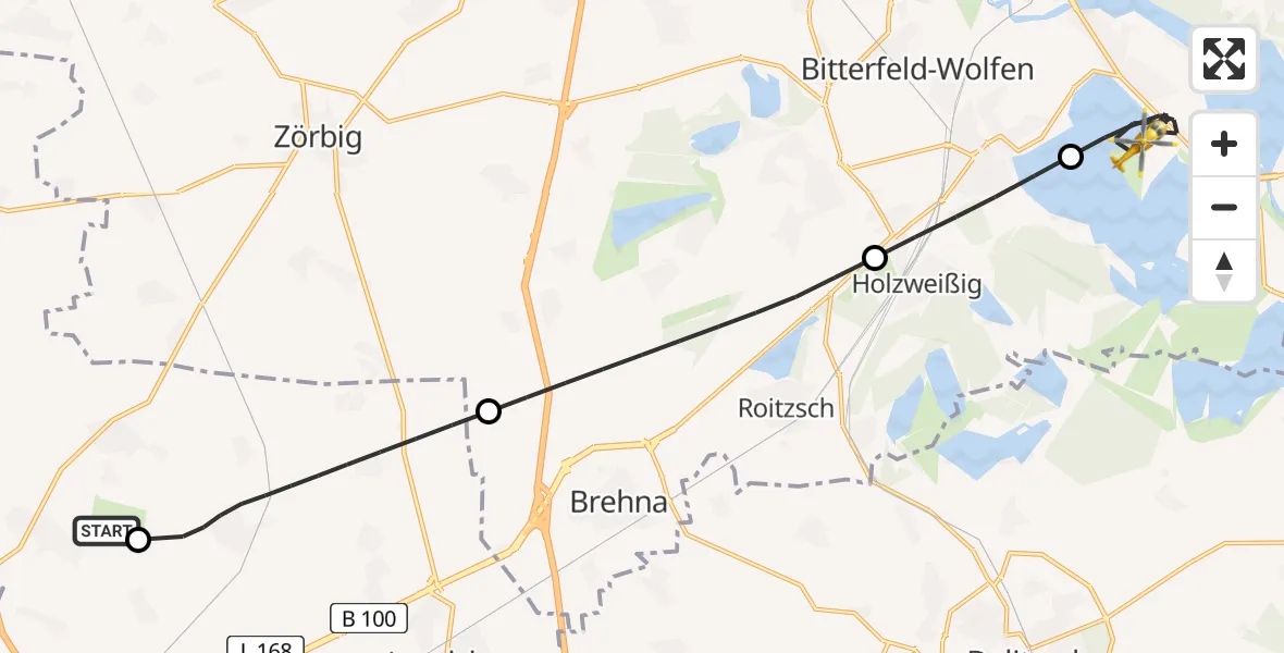Flugroute Rettungshubschrauber Halle-Oppin Flugplatz - Muldestausee, 04 August 2026, 10:53