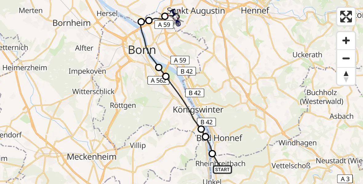 Flugroute Polizeihubschrauber Rheinbreitbach - Bonn-Hangelar Flugplatz, 04 August 2026, 11:11