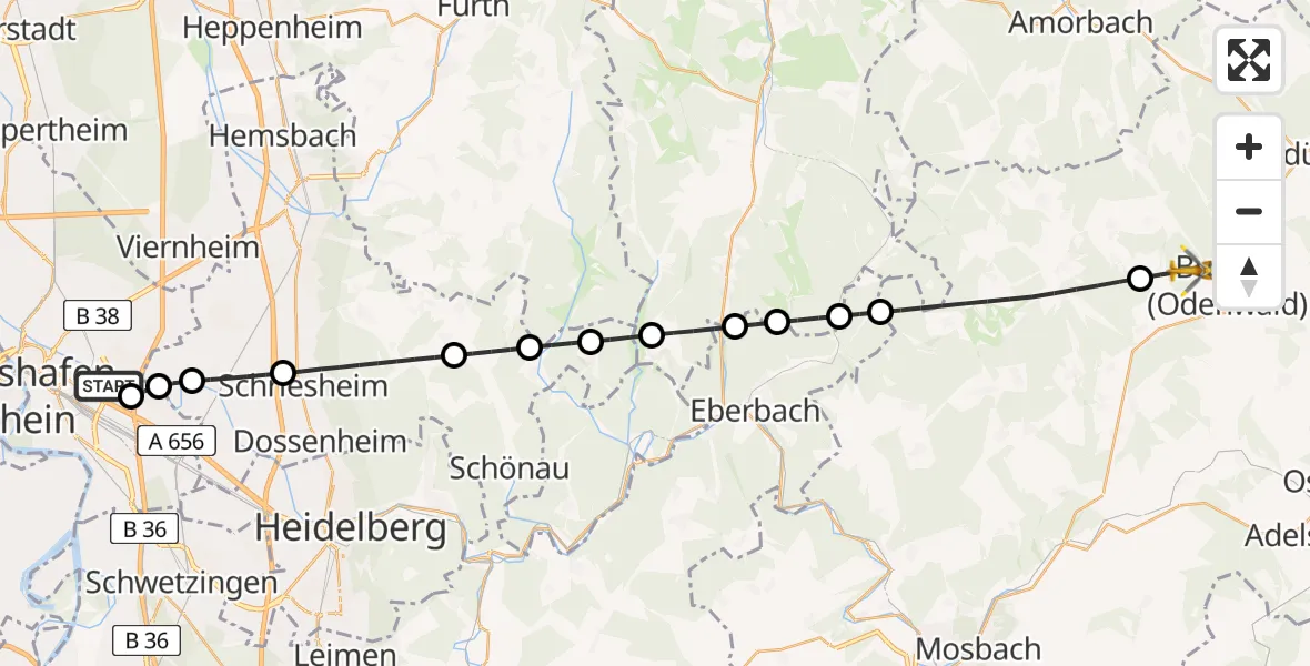 Flugroute Rettungshubschrauber Mannheim-City Flughafen - Buchen (Odenwald), 04 August 2026, 11:16