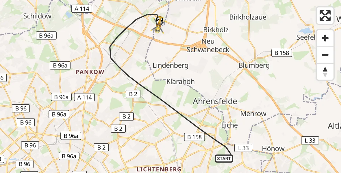 Flugroute Rettungshubschrauber Berlin - Helios Clinic Berlin-Buch, 04 August 2026, 11:19