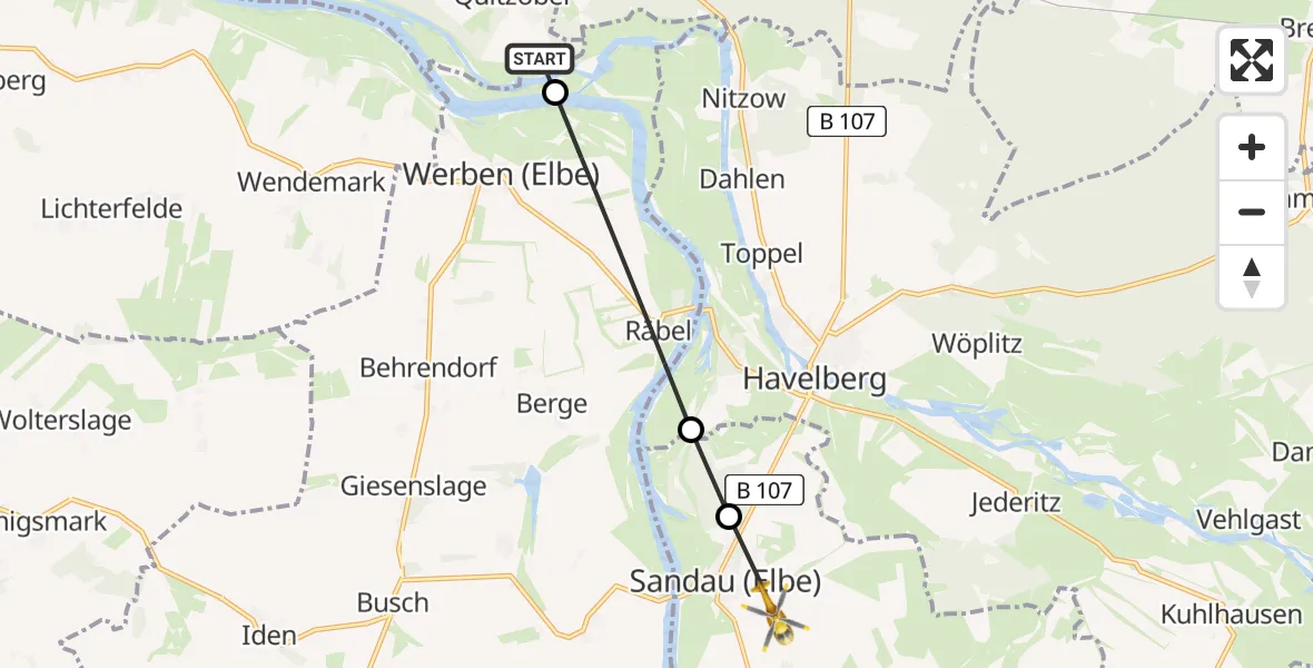 Flugroute Rettungshubschrauber Legde/Quitzöbel - Sandau (Elbe), 04 August 2026, 11:21