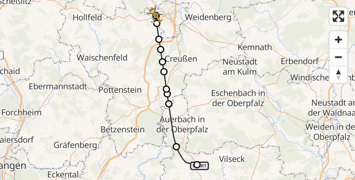 Flugroute Ambulanzhubschrauber Edelsfeld - Bayreuth Hospital, 04 August 2026, 11:22