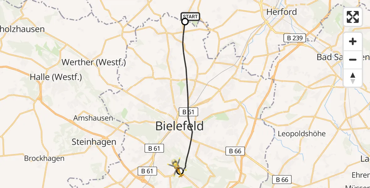 Flugroute Rettungshubschrauber Enger - Luftrettungszentrum Bielefeld, 04 August 2026, 11:29