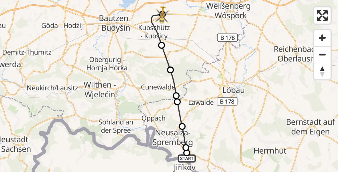 Flugroute Rettungshubschrauber Oberlausitzer Bergland Hospital - Bautzen Flugplatz, 04 August 2026, 11:35