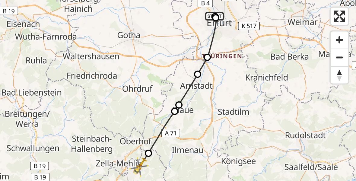 Flugroute Rettungshubschrauber Helios Clinic Erfurt - Suhl, 04 August 2026, 11:41