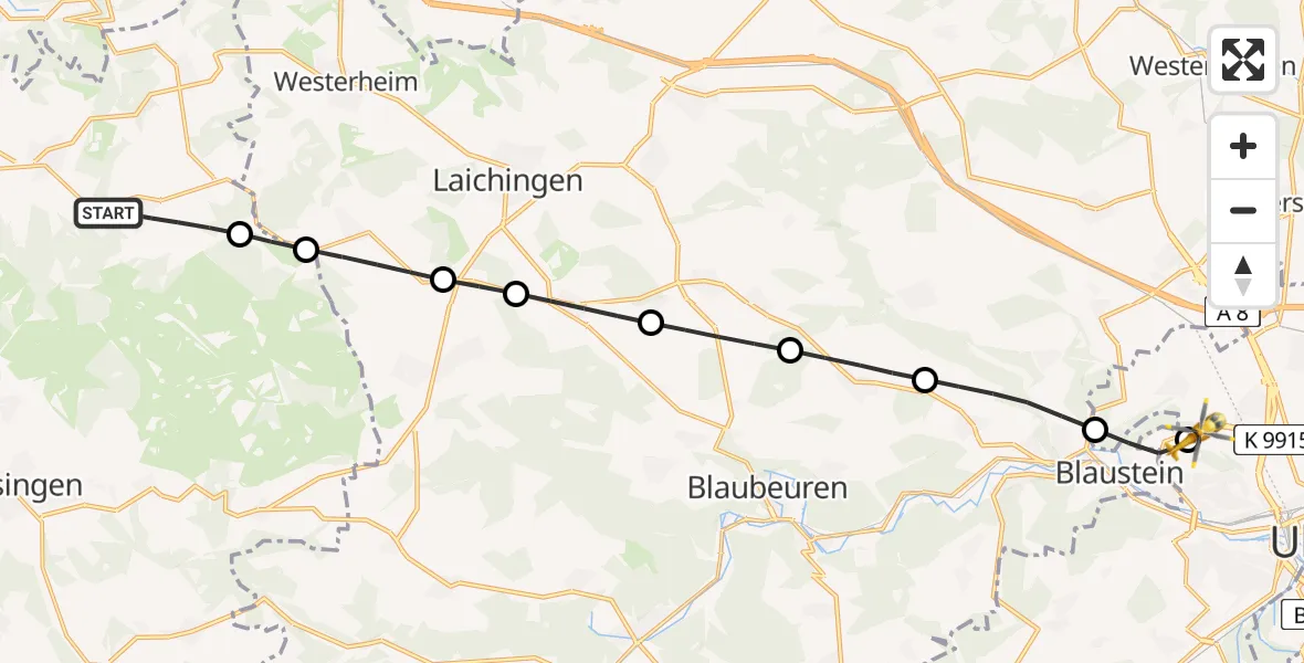 Flugroute Rettungshubschrauber Römerstein - Ulm Military Hospital Emergency, 04 August 2026, 11:47