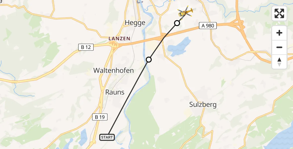 Flugroute Rettungshubschrauber Waltenhofen - Kempten-Durach Flugplatz, 04 August 2026, 11:49