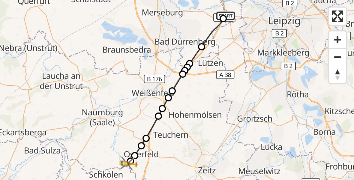 Flugroute Rettungshubschrauber ADAC Air Rescue Station Leipzig/Schkeuditz-Dölzig Hubschrauberlandeplatz (Christoph 61) - Osterfeld, 04 August 2026, 11:49