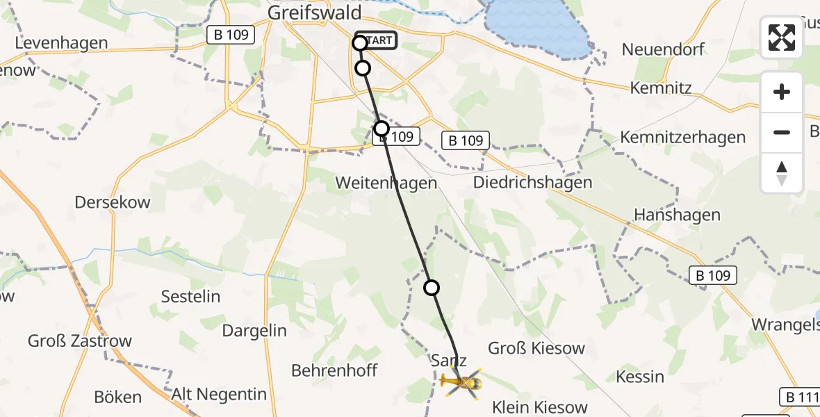 Flugroute Rettungshubschrauber Greifswald Hospital - Groß Kiesow, 04 August 2026, 11:52