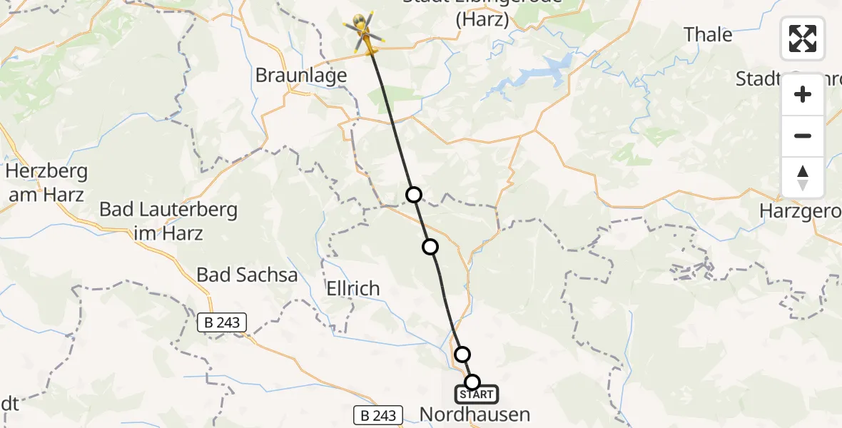 Flugroute Rettungshubschrauber Südharz Hospital Nordhausen - Oberharz am Brocken, 04 August 2026, 11:57