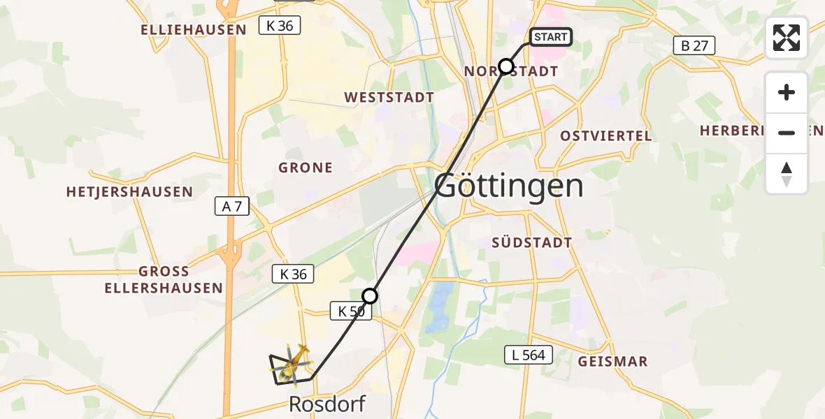 Flugroute Rettungshubschrauber Göttingen University Clinic Hubschrauberlandeplatz - Rosdorf, 04 August 2026, 12:02