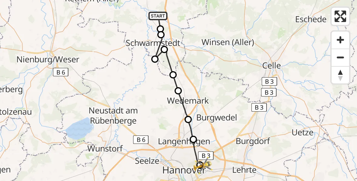 Flugroute Rettungshubschrauber Eickeloh - Hannover Luftrettung Hubschrauberlandeplatz (Christoph 4), 04 August 2026, 12:02