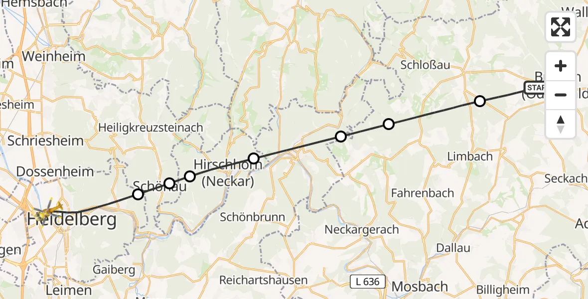 Flugroute Rettungshubschrauber Buchen (Odenwald) - Heidelberg, 04 August 2026, 12:10