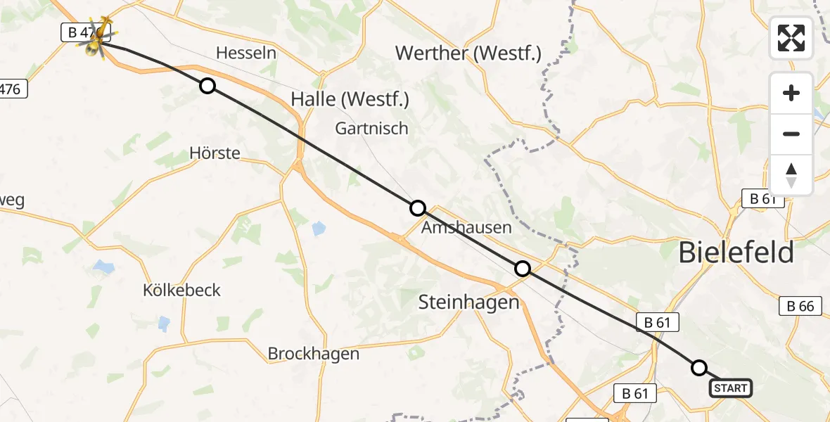 Flugroute Rettungshubschrauber Luftrettungszentrum Bielefeld - Borgholzhausen, 04 August 2026, 12:11