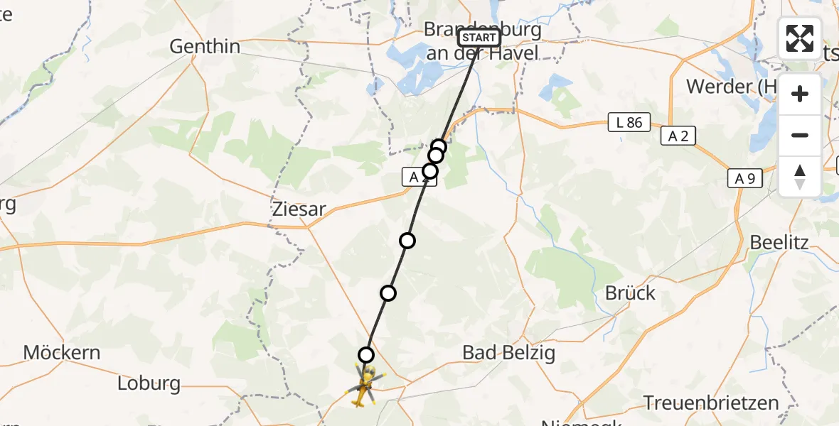 Flugroute Rettungshubschrauber Brandenburg an der Havel - Wiesenburg/Mark, 04 August 2026, 12:12