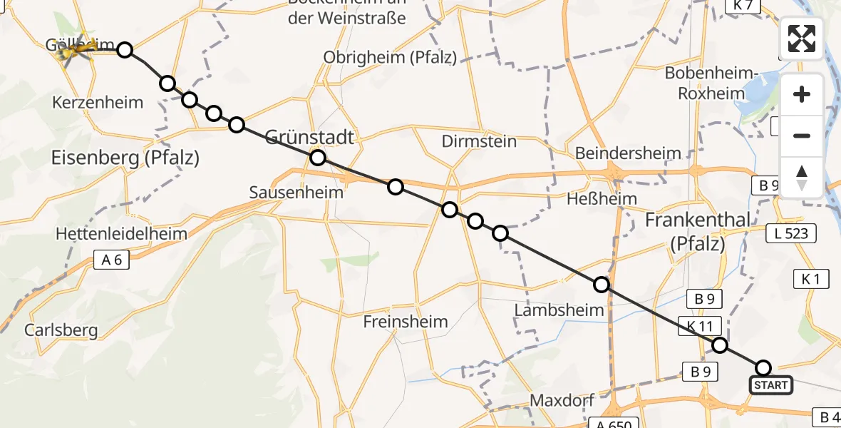 Flugroute Rettungshubschrauber Ludwigshafen Accident Hospital - Göllheim, 04 August 2026, 12:14