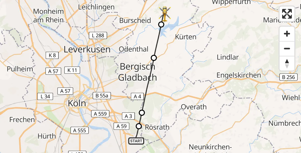 Flugroute Ambulanzhubschrauber Köln Bonn Flughafen - Wermelskirchen, 04 August 2026, 12:14