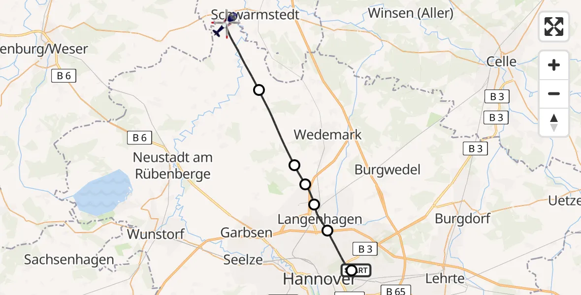 Flugroute Polizeihubschrauber Hannover Luftrettung Hubschrauberlandeplatz (Christoph 4) - Neustadt am Rübenberge, 04 August 2026, 12:22