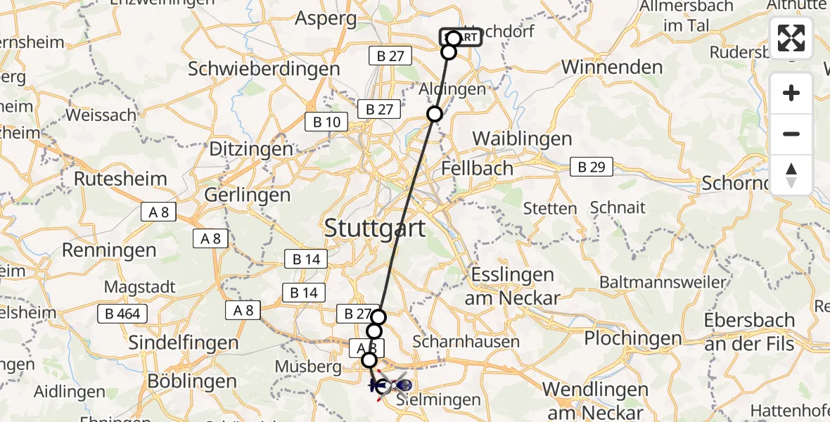 Flugroute Polizeihubschrauber Remseck am Neckar - Flughafen Stuttgart, 04 August 2026, 12:27