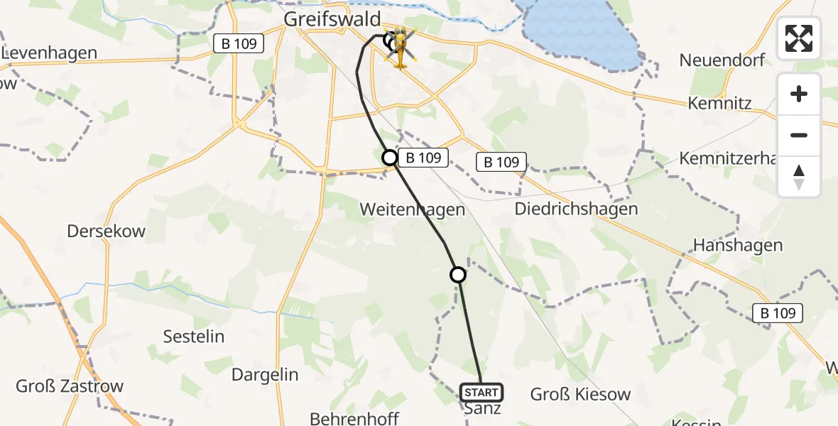 Flugroute Rettungshubschrauber Groß Kiesow - Greifswald Hospital, 04 August 2026, 12:28