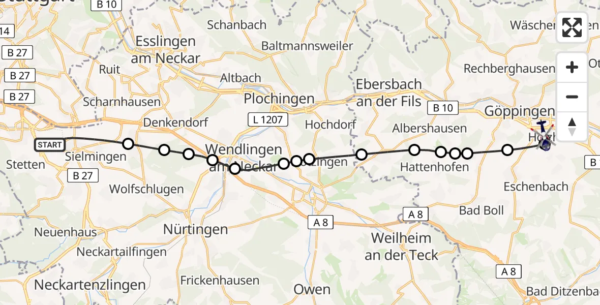 Flugroute Polizeihubschrauber Flughafen Stuttgart - Göppingen, 04 August 2026, 12:30