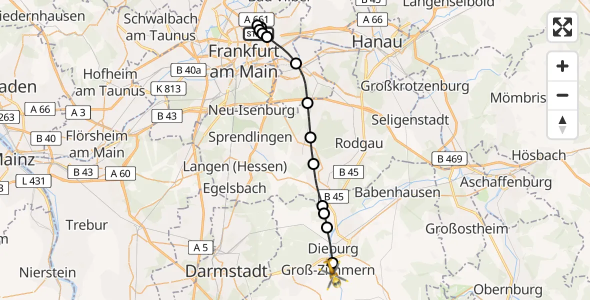 Flugroute Rettungshubschrauber Frankfurt am Main Accident Hospital Ground - Groß-Zimmern, 04 August 2026, 12:34