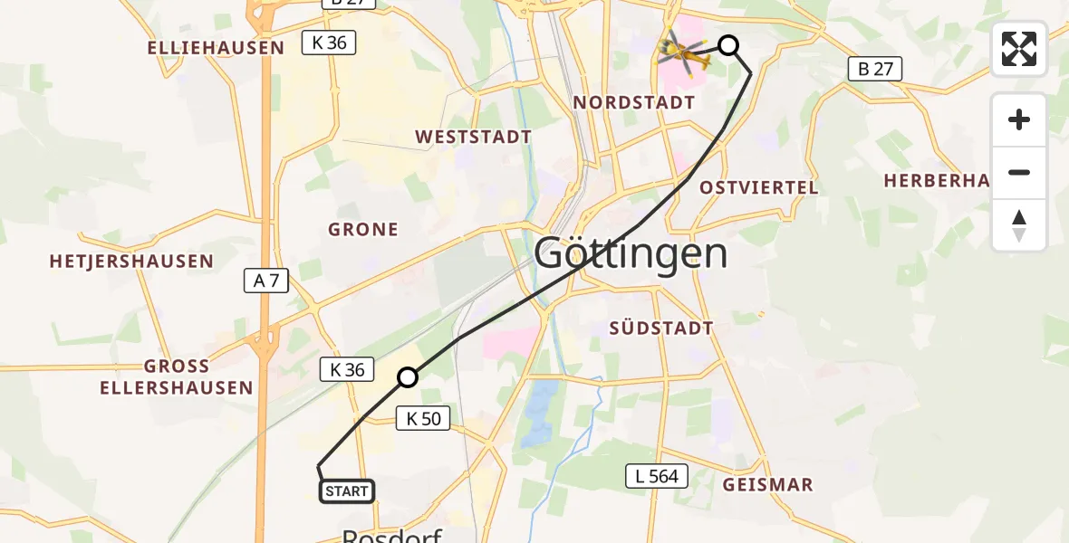Flugroute Rettungshubschrauber Rosdorf - Göttingen University Clinic Hubschrauberlandeplatz, 04 August 2026, 12:42