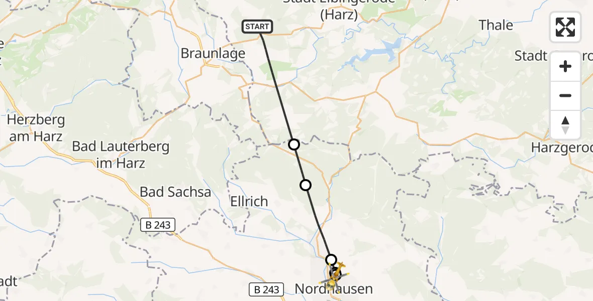 Flugroute Rettungshubschrauber Oberharz am Brocken - Südharz Hospital Nordhausen, 04 August 2026, 12:44