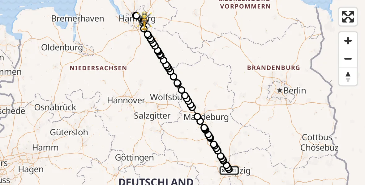 Flugroute Ambulanzhubschrauber ADAC Air Rescue Station Leipzig/Schkeuditz-Dölzig Hubschrauberlandeplatz (Christoph 61) - Christoph Hansa ADAC Hubschrauberlandeplatz, 04 August 2026, 12:49