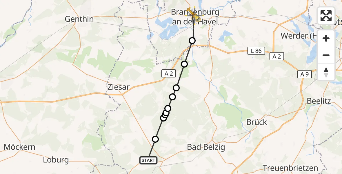 Flugroute Rettungshubschrauber Wiesenburg/Mark - Brandenburg an der Havel, 04 August 2026, 12:54