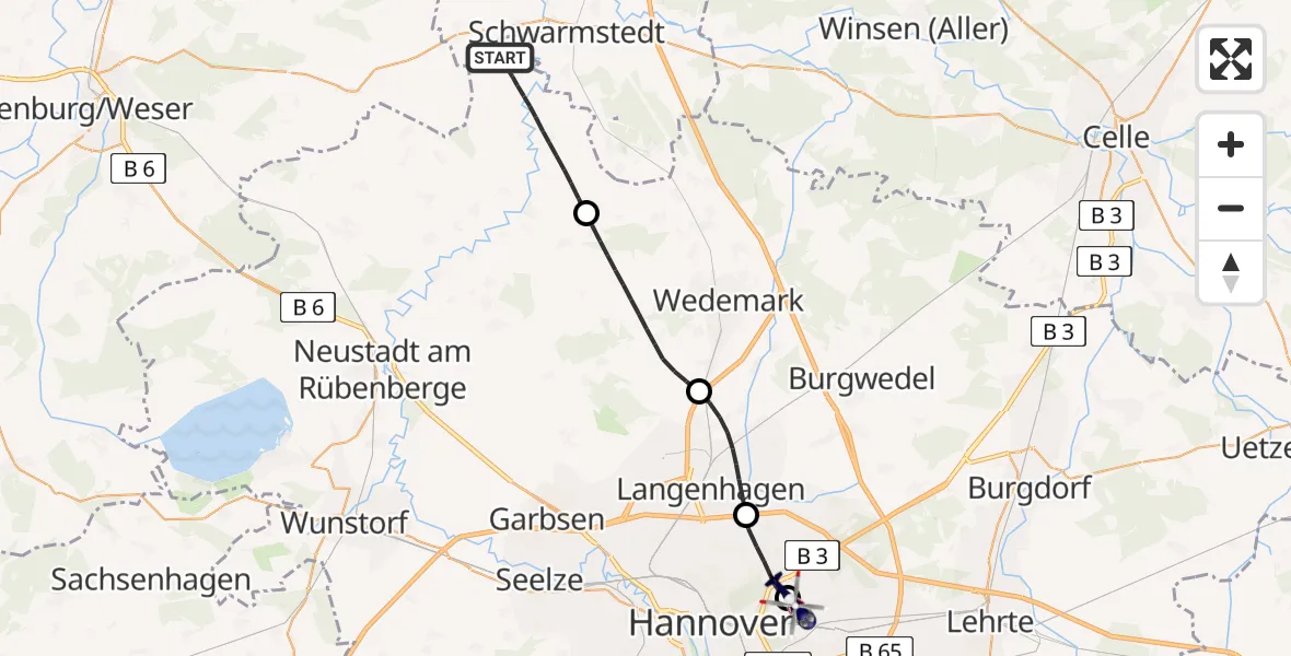 Flugroute Polizeihubschrauber Neustadt am Rübenberge - Hannover Luftrettung Hubschrauberlandeplatz (Christoph 4), 04 August 2026, 12:56