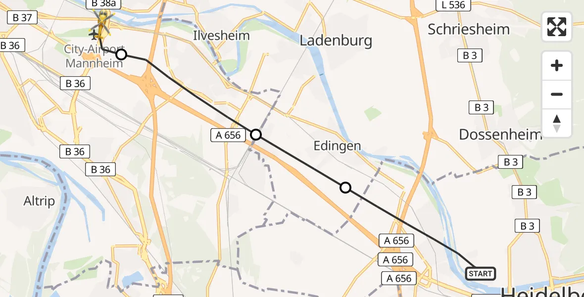 Flugroute Rettungshubschrauber Heidelberg - Mannheim-City Flughafen, 04 August 2026, 12:59