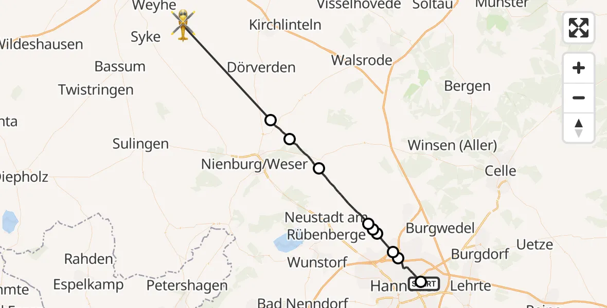 Flugroute Rettungshubschrauber Hannover Luftrettung Hubschrauberlandeplatz (Christoph 4) - Emtinghausen, 04 August 2026, 13:05