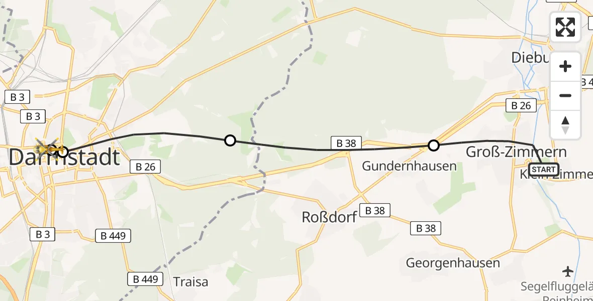 Flugroute Rettungshubschrauber Groß-Zimmern - Darmstadt Hospital, 04 August 2026, 13:07