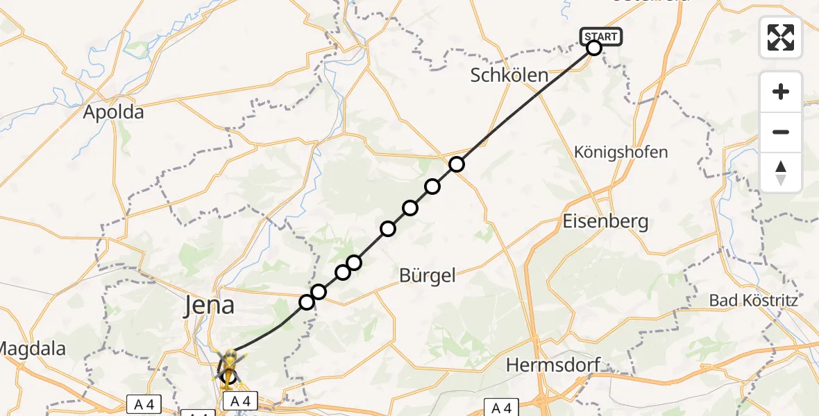 Flugroute Rettungshubschrauber Osterfeld - Lobeda Hubschrauberlandeplatz, 04 August 2026, 13:09