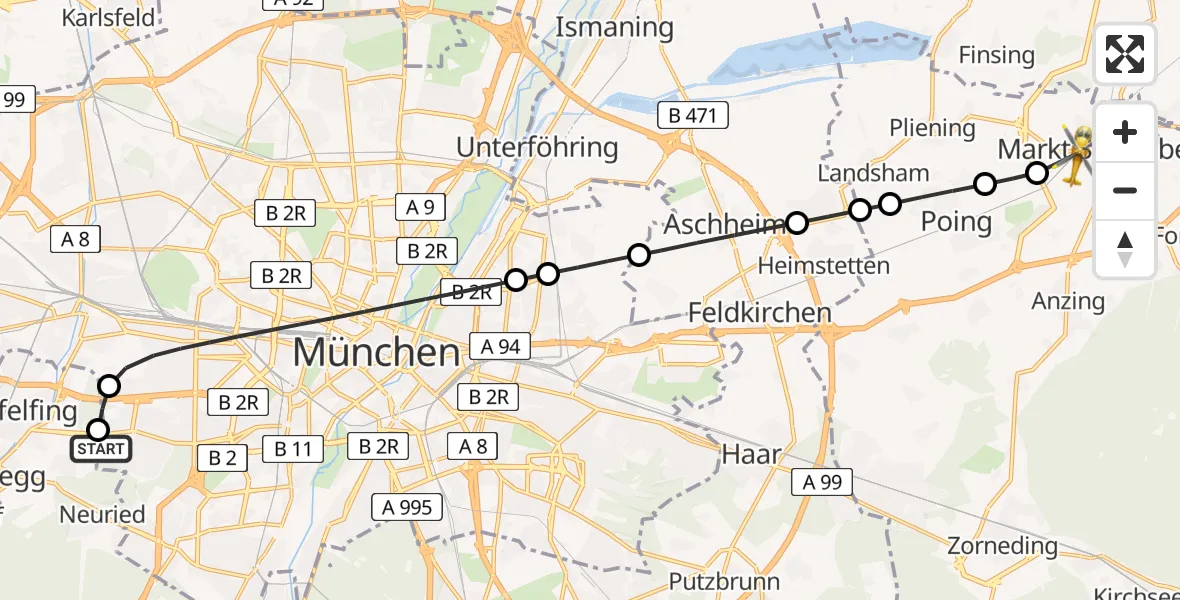 Flugroute Rettungshubschrauber DRF Air Rescue München Hubschrauberlandeplatz - Markt Schwaben, 04 August 2026, 13:38