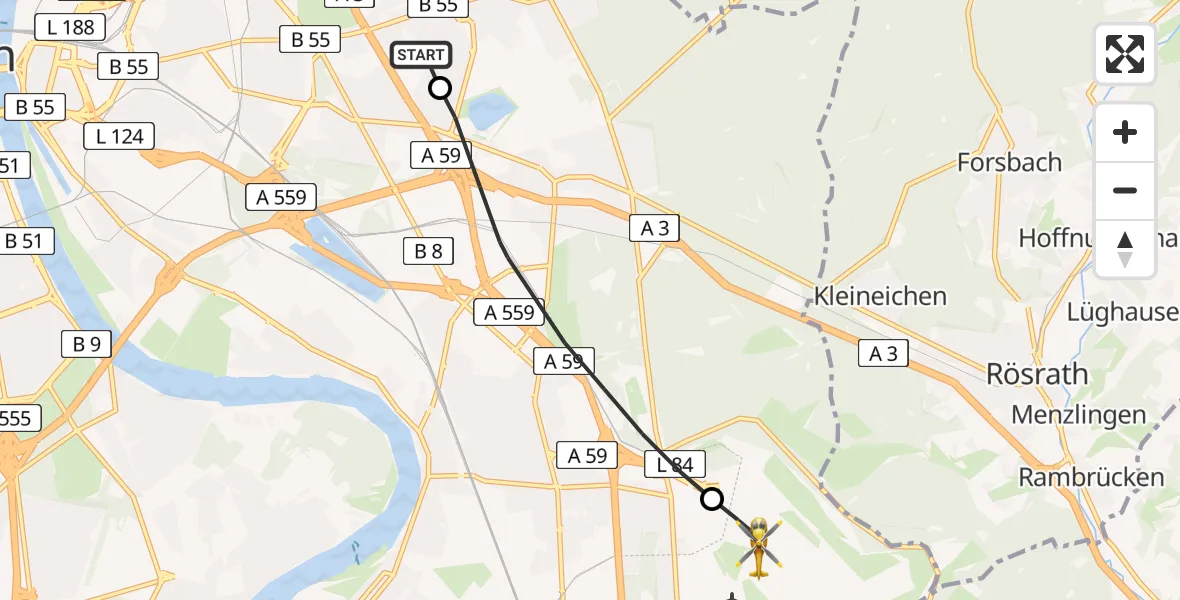 Flugroute Ambulanzhubschrauber Merheim Hospital - Köln Bonn Flughafen, 04 August 2026, 13:56