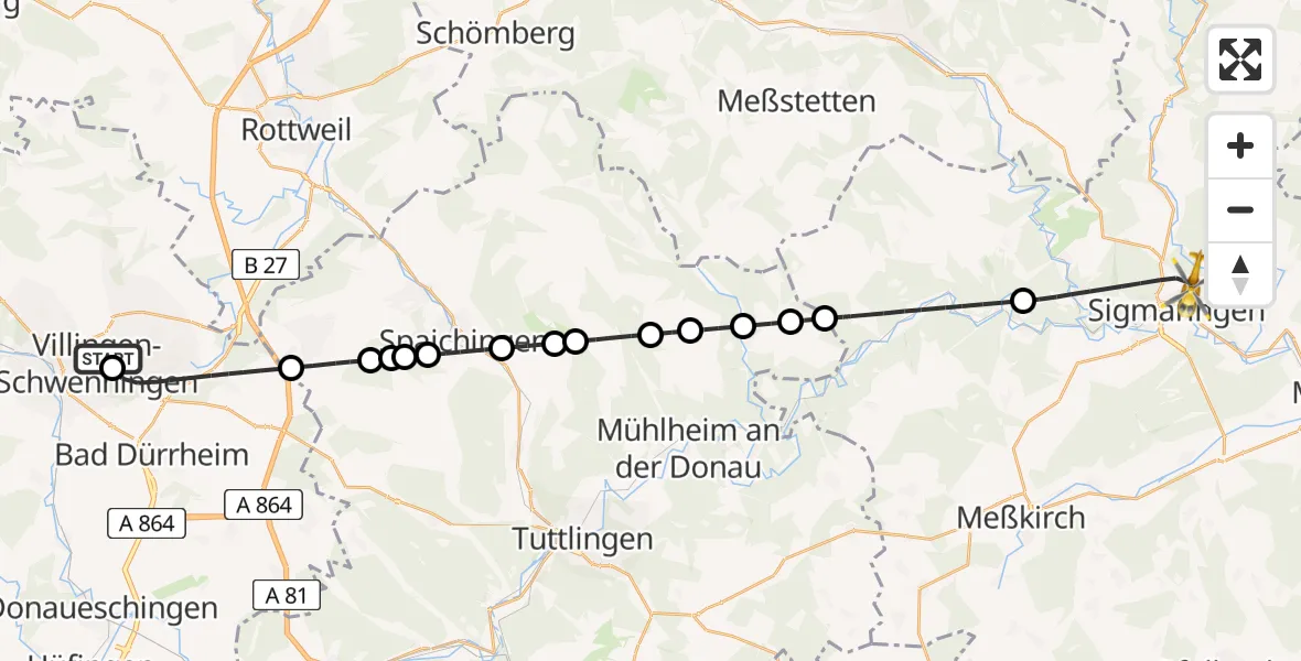 Flugroute Ambulanzhubschrauber DRF Air Rescue Station Villingen-Schwenningen Hubschrauberlandeplatz (Christoph 11) - Sigmaringen, 04 August 2026, 13:56