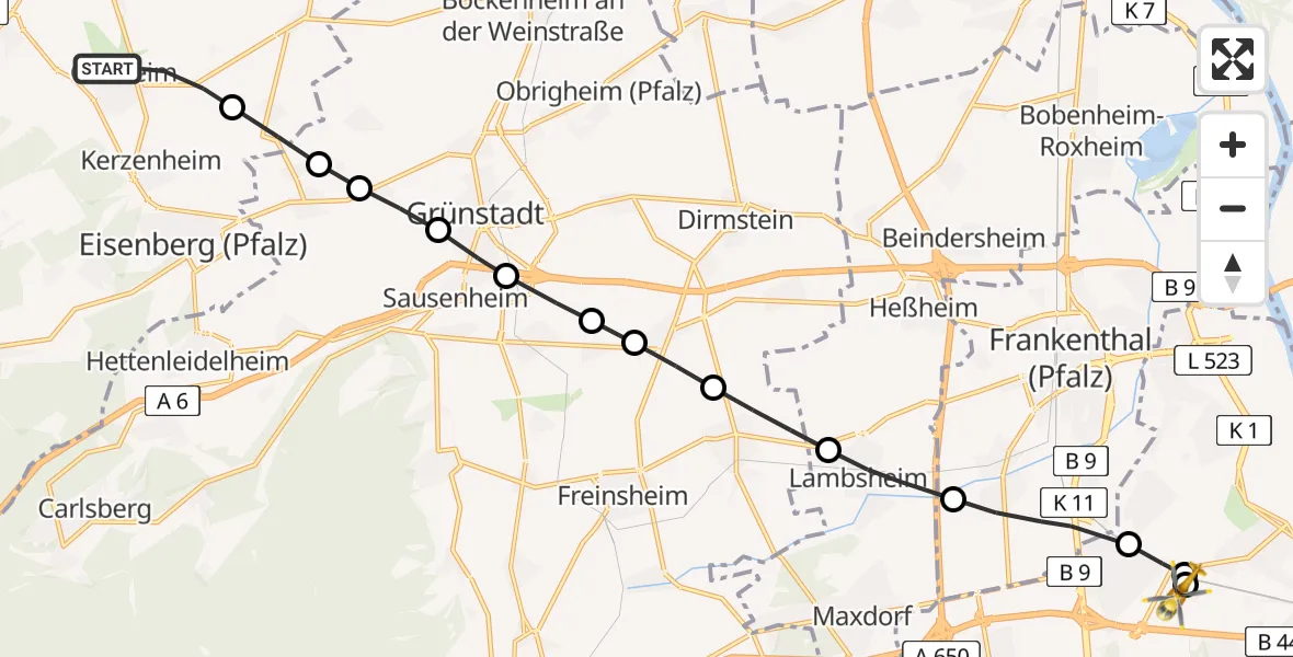 Flugroute Rettungshubschrauber Göllheim - Ludwigshafen Accident Hospital, 04 August 2026, 13:57