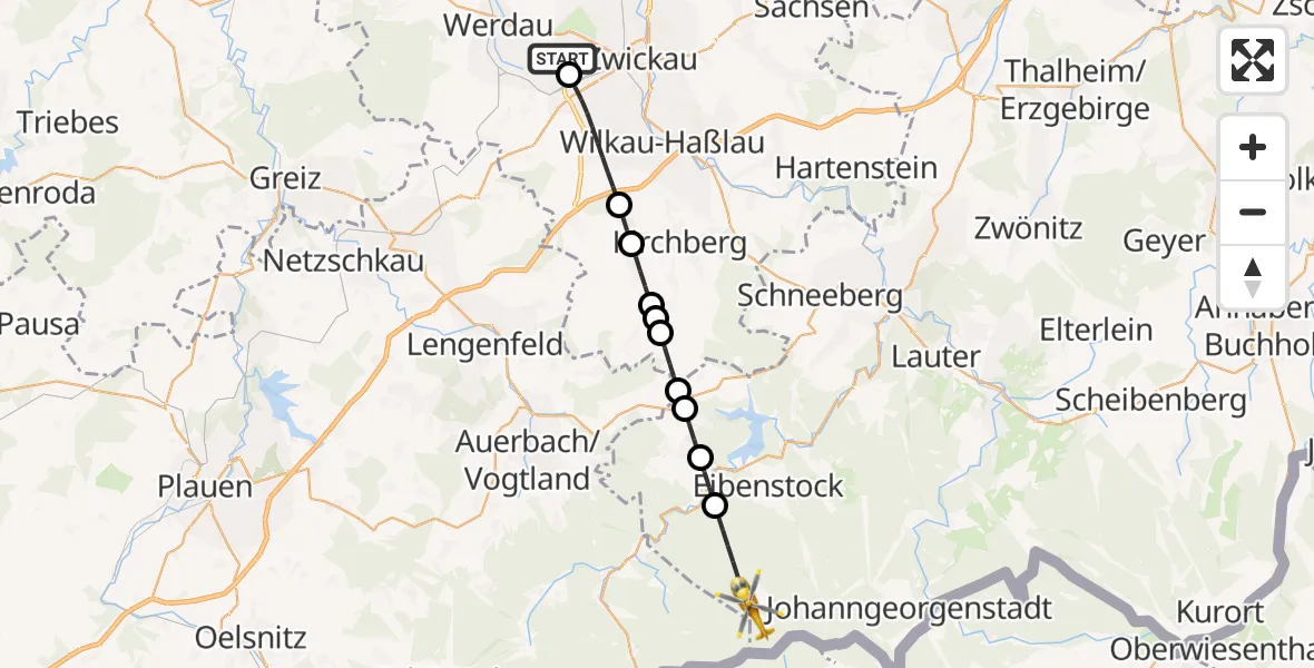 Flugroute Rettungshubschrauber ADAC Air Rescue Station Zwickau Hubschrauberlandeplatz - Eibenstock, 04 August 2026, 14:06