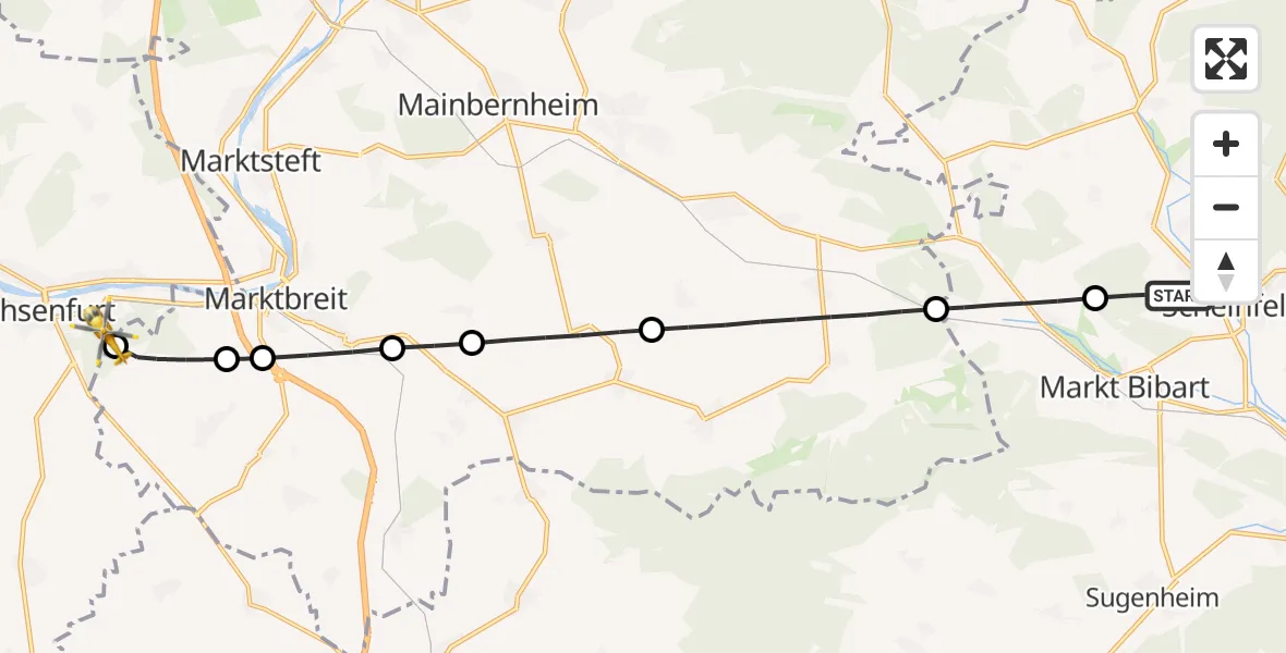 Flugroute Rettungshubschrauber Scheinfeld - Ochsenfurt Hospital, 04 August 2026, 14:15